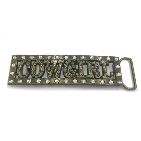 COWGIRL Spellout Brass Tone Rhinestone & Glitter Rodeo Belt Buckle Vintage - Picture 1 of 4